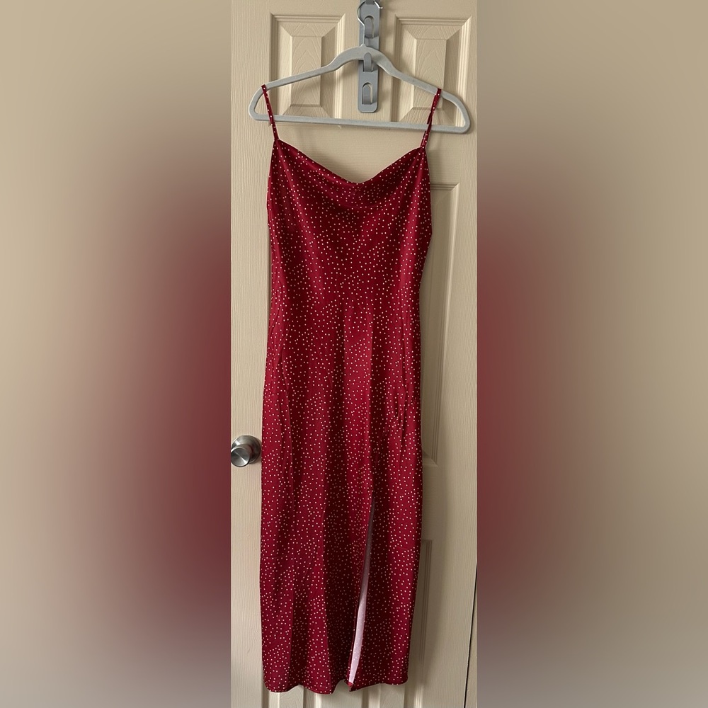 Red Spotted Midi Slip Dress with Cowl Neck